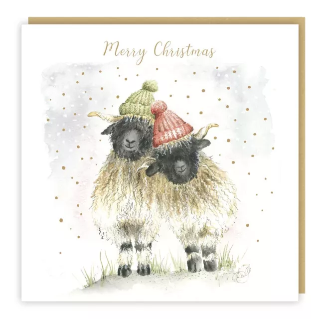 Luxury Christmas Cards Two Sheep Wearing Hat Sparkle Foil Finish Pack of 5