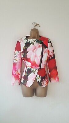 Ted Baker floral Print Peplum Biker Jacket Neoprene Size 2UK10 matching skirt LT