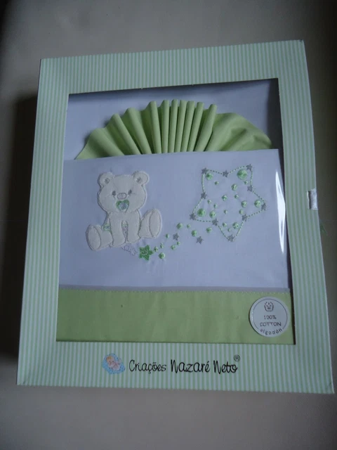 COFFRET PARURE DE DRAPS POUR BEBE EN 100X160 OURSON DE COULEUR VERT BLANC Neuf