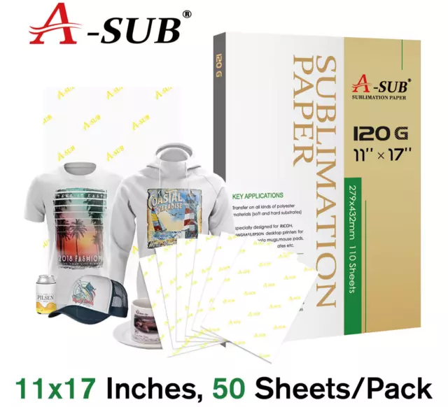 A-SUB Dye Sublimation Paper 11x17 for Inkjet Heat Transfer Cotton Poly 50 Sheets