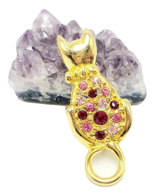 Gold Tone Purple Rhinestones Kitty Cat Brooch