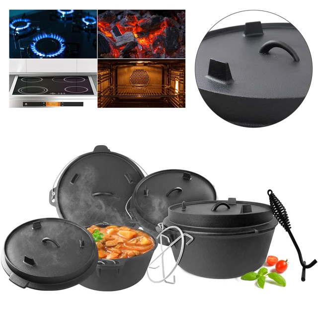 Dutch Oven Set mit Deckelheber BBQ Gusseisen Feuertopf Gusstopf Schmortopf Topf