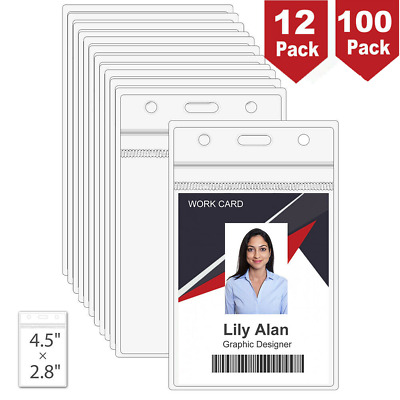 12 100 Pack Vertical ID Card Name Tag Badge Holder Waterproof Resealable Type US