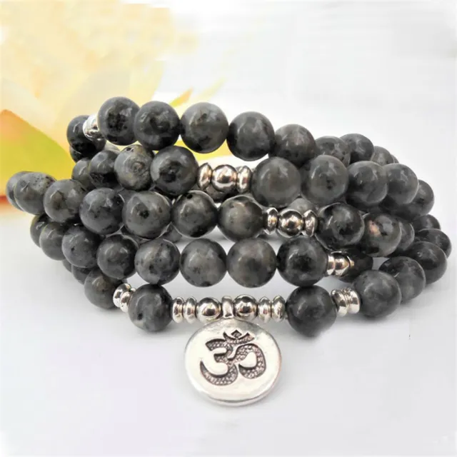 8 mm 108 perles de Bouddha onyx noir bracelet pendentif argent Mala prière poignet fait main 3