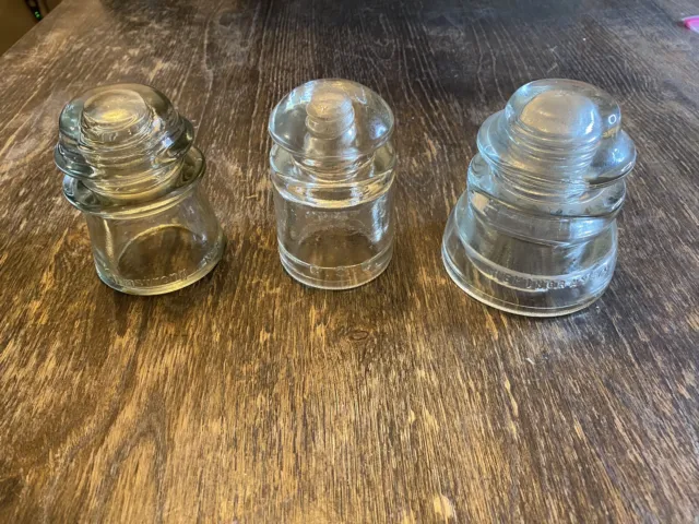 3 Vintage Clear Glass Insulator Power Line Electrical Antique Hemingray