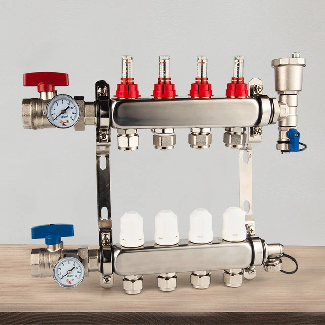 New 4 Loop Radiant Floor Heating Manifold Set 304 Stainless Steel For 1/2" PEX