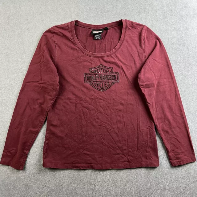 Harley Davidson Shirt Womens XL Red Long Sleeve Rhinestone Logo Vintage Y2K