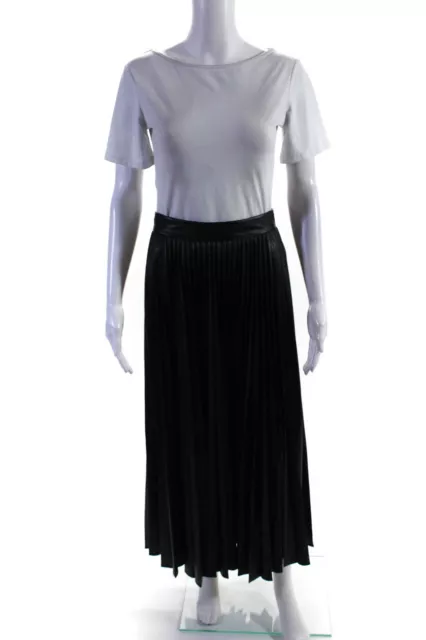 Halston Womens Joss Faux Leather Pleated Midi A Line Skirt Black Size 4