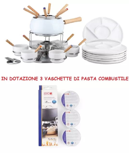 Set Fonduta 29 Pezzi Bourguignonne Eva Smaltato Bianco Forchette Ciotole Piatti