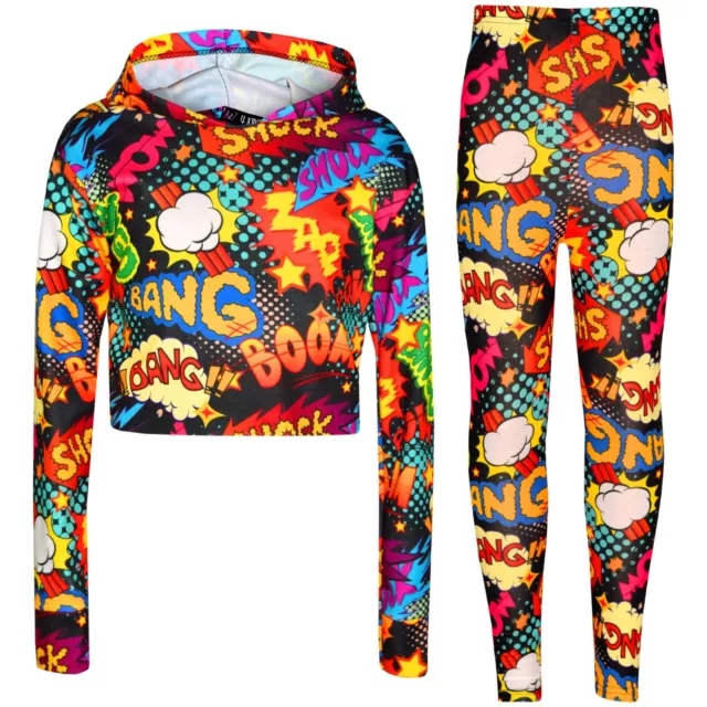 Kids Girls Wow Bang Boom Crop Top Hooded T Shirt Legging Lounge Wear Set 7-13 Yr