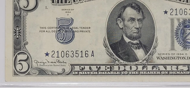 1934 D $5 Silver Certificate  **STAR** - Wide I Variety - Blue Seal - Crisp/Nice