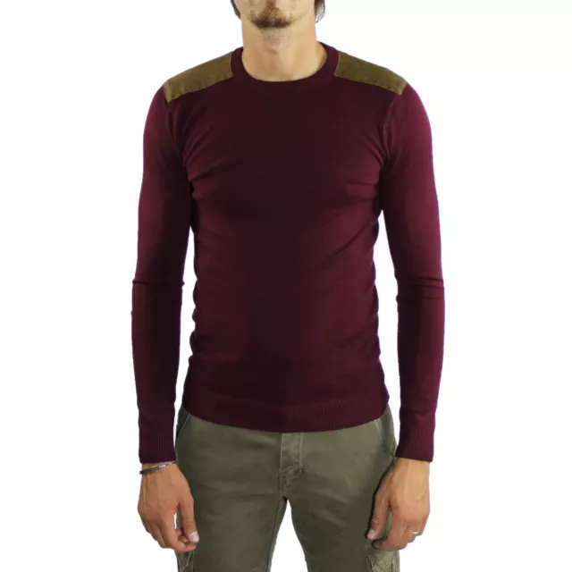 Maglione Uomo Lana Bordeaux Maglioncino con Toppe Girocollo Casual Pullover