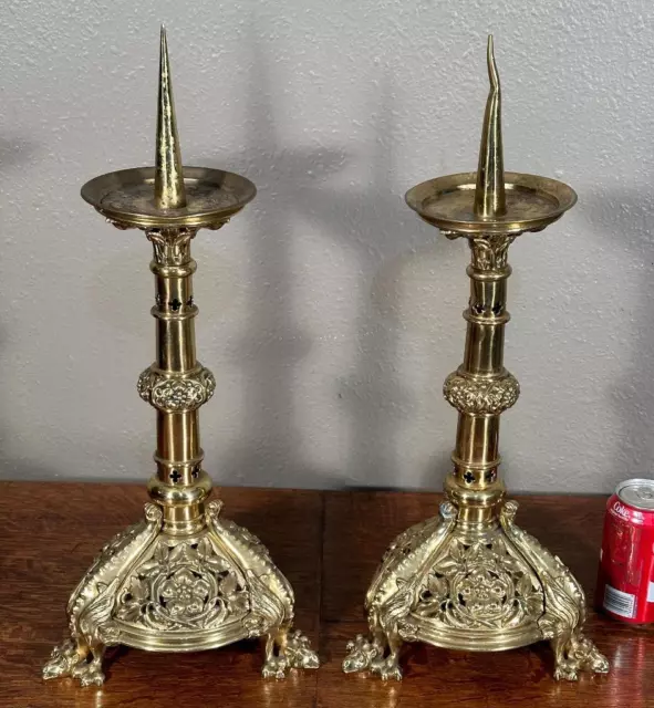 Pair of Antique French Gilt Bronze Church Candlesticks Candelabra with Griffins