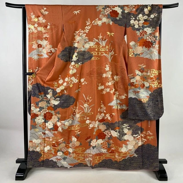 Japanese Kimono Furisode Pure Silk Flower Mandarin Duck Gold Paint Orange