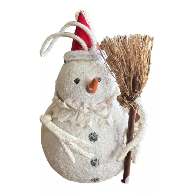 Primitive Rustic Snowman Holding A Broom Ornament Glitter READ