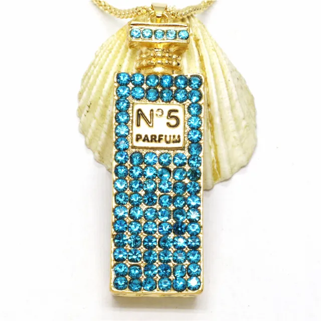 Hot Betsey Johnson Blue Bling Perfume Bottle Crystal Pendant Women Necklace