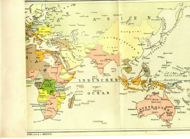 Weltkarte Kolonialbesitz kriegsführender Mächte WW1 Original XXL-Blatt von 1916