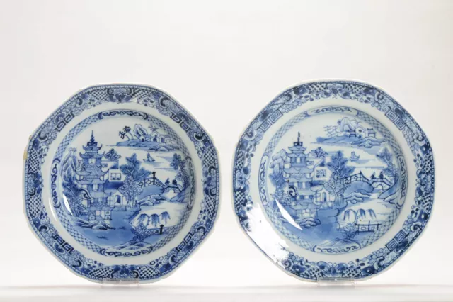 Pair 18C Qing Period Chinese Porcelain Plates Octagonal Landscape Pagode