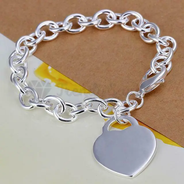 Pure 925 Sterling Silver Rolo Link Chain Charm Bangle Heart Tag Bracelet Jewelry