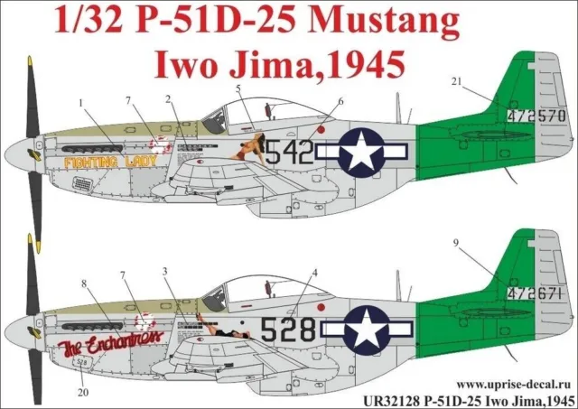 1:32 Décalcomanie P-51D-25 Mustang Iwo Jima, 1945, avec pochoir - UpRise...