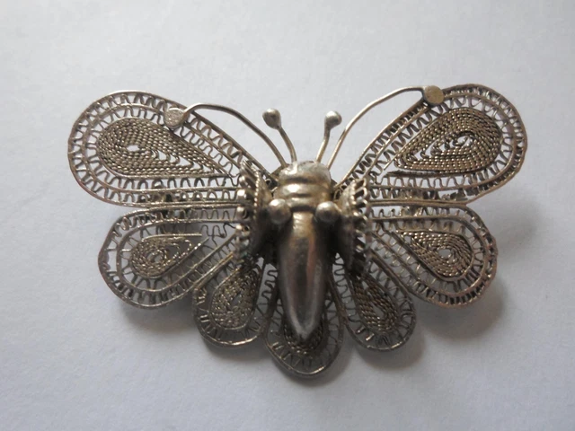 ANCIEN BROCHE EN Forme De Papillon - Argent Massif Filigrané EUR 25,00 - FR