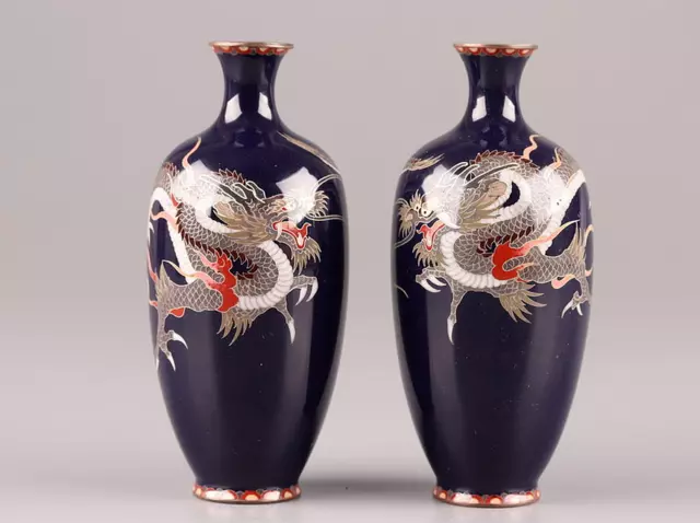 Japanese Antique Cloisonne Enamel Extra Small 4.8" Dragon Vase Pair Meiji Period