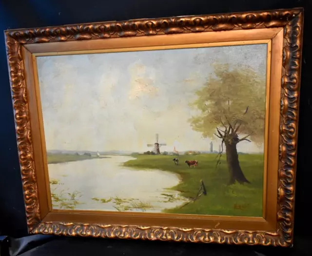 Tableau ancien paysage vaches rivière  Barbizon Impressionniste fin XIXème