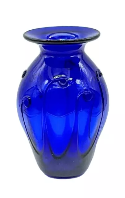 Bruce Cobb Studio Blown Glass Vase-Cobalt Applied Tendrils-Lily Pad 7.25" Signed