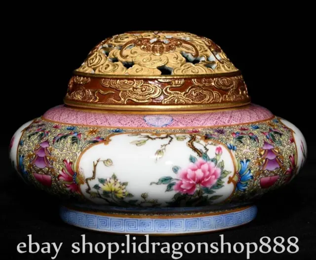 5.6" Qianlong Marked Pastel Gilt Porcelain Flower Butterfly Incense Burner