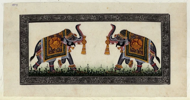 Indien Peinture Miniature De Paire Éléphant Main Fin Œuvre Sur Soie Vêtements