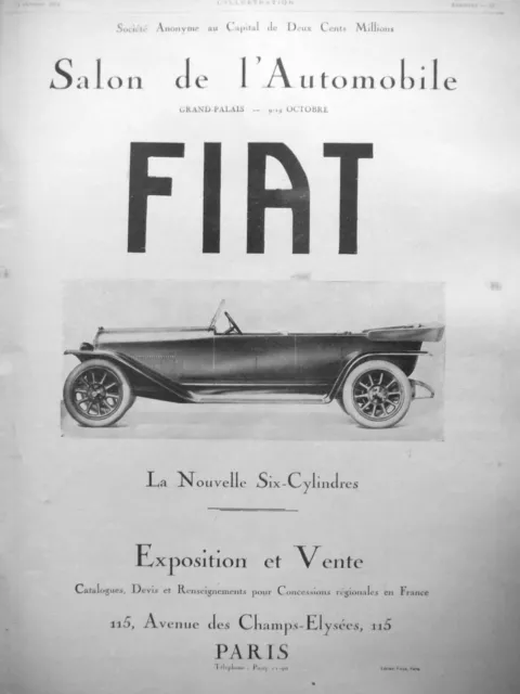 1919 Fiat Six CYLINDER PRESS ADVERTISEMENT AT THE GRAND PALAIS AUTO SHOW