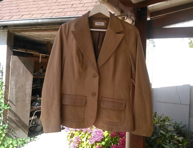 Veste Manteau Femme En Daim Et Cuir Marron KS - Taille 48, Modèle AM73, Vintage - Occasion Très Bon état