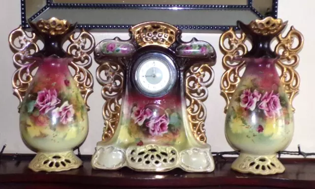 Large Victorian Staffordshire Pottery Mantle Clock Garniture Vases H/P Roses