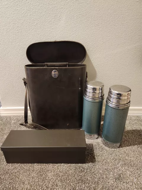 VTG VGC Aladdin Stanley Double Thermos Lunch Box Picnic Set w/Leather Case  & Box