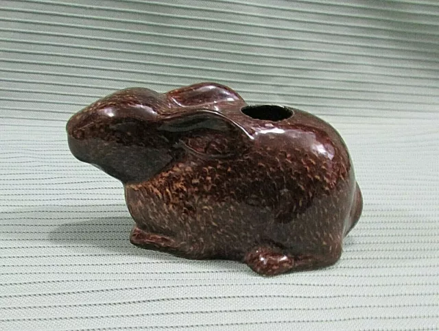 Unknown Use Vintage 3x6 Brown Pottery Rabbit w Odd 1" Hole On Top Back FREE S/H