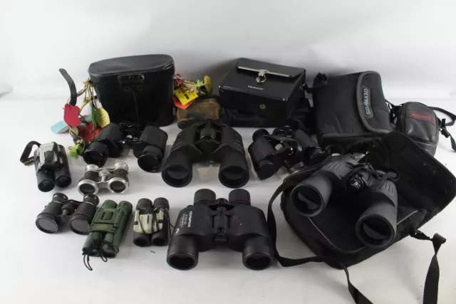 10 x Vintage BINOCULARS Inc Olympus, Tasco, Jessops Etc w/ Some Case