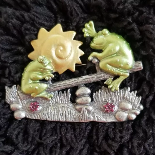 Two Frogs On SeeSaw Pin Vintage Signed DD Patricia Darling Dash