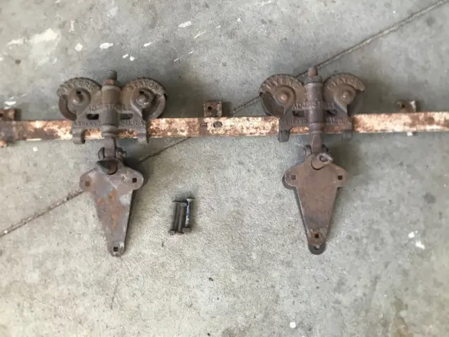 2 antique myers barn door rollers w/ 6' of rustic track  architectural salvage