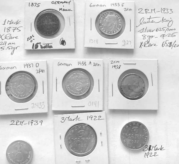 8 PIÈCES argent Reichsmark 1RM-1875,2RM-1933,2RM-1937,2RM-1938,2RM-1939, 3RM1922 3