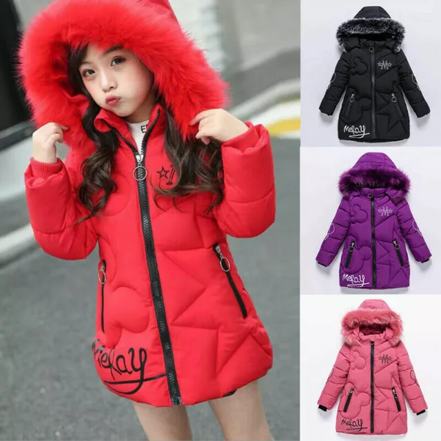 UK Girls Thick Coats Kids Hooded Padded Thick Parka Long Fur Warm Jacket Winter