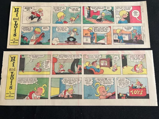#Q05 HI AND LOIS by Mort Walker Lot of 2 Sunday Quarter Page Comic Strips 1977