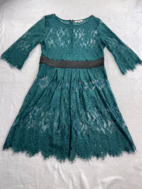 Steve Madden BB Dakota Sheer Lace Dress Empire Waist Ladies Size 10 Green Fringe
