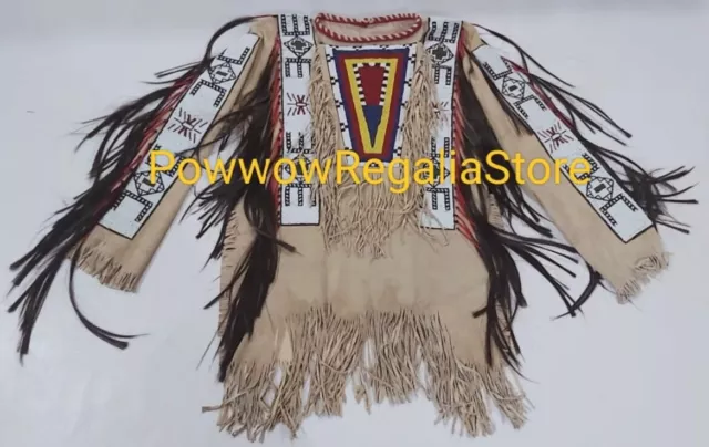 Old American Style Handmade Dakota Beaded Buckskin Hide Powwow War Shirt PWP830