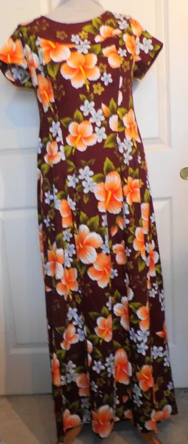 Vintage 60s Long Hawaiian Dress Ui-Maikai Orange Brown Hibiscus B40