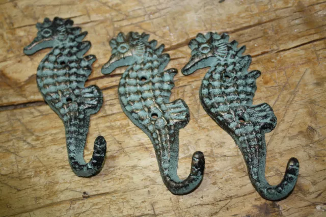 3 Cast Iron Antique Style SEAHORSE Coat Hooks Hat Hook Rack Towel Nautical Beach