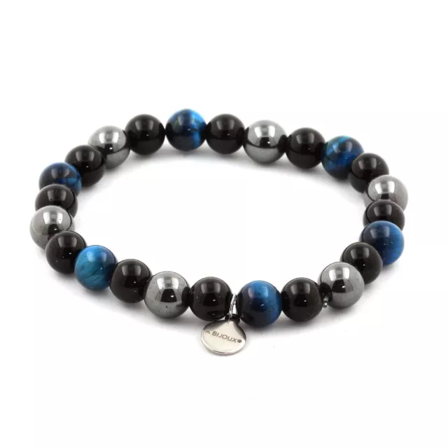 Bracelet Perles Oeil de Tigre bleu clair + Hématite + Agate noire 8 Fabriqué en