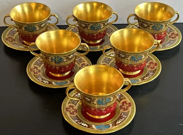 Antique Royal Vienna Double Handle Cup and Saucer Gold Authentic Set of 6