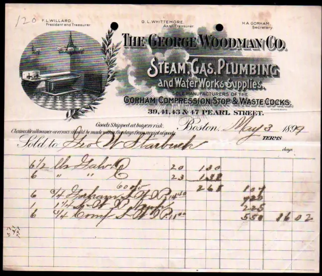 1899 George Woodman Co - Steam Gas Plumbing - Boston Ma - Rare Letter Head Bill