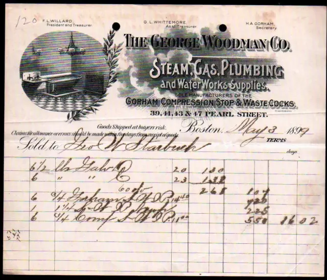 1899 George Woodman Co - Steam Gas Plumbing - Boston Ma - Rare Letter Head Bill