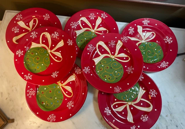 Pier One Lot of 7 Christmas Plates Salad Dessert Lunch Red and Green Ornament